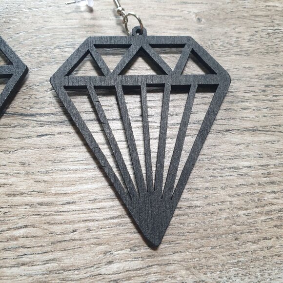 Women Black Laser Cut Geometric Diamond Wooden Cutout Dangle Earrings Gift Boho - Picture 3 of 4